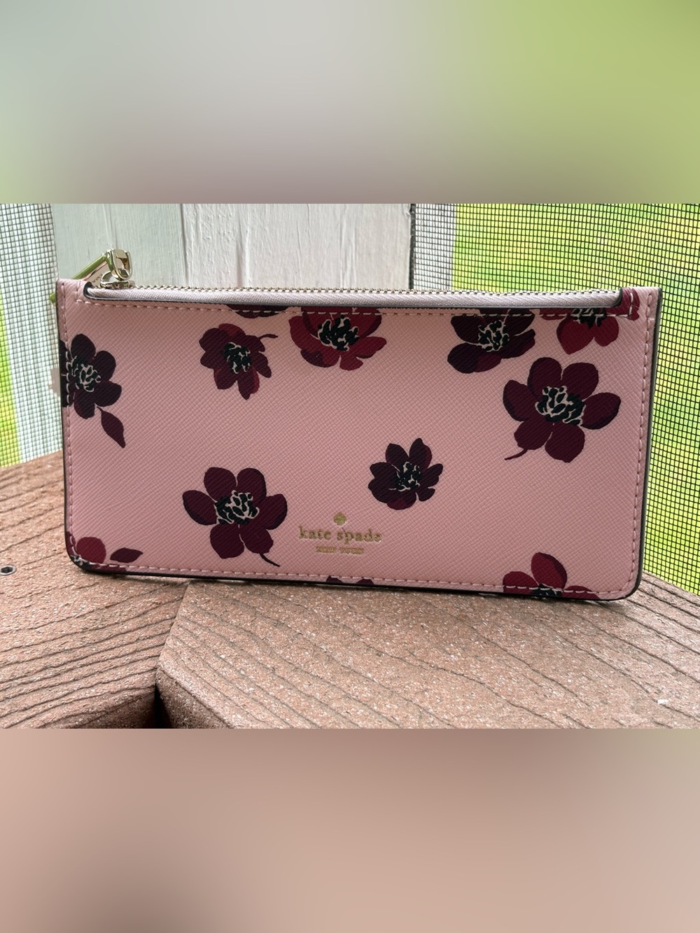 kate spade Pink Floral Zip Cosmetic Pouch with Burgundy Blooms
